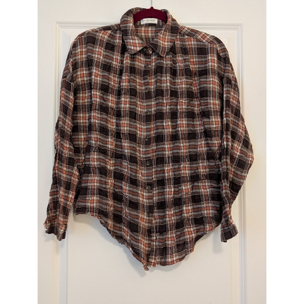 Shop Neighbor Plaid Shirt Womens Small Brown White Muslin Cotton Long Sleeve